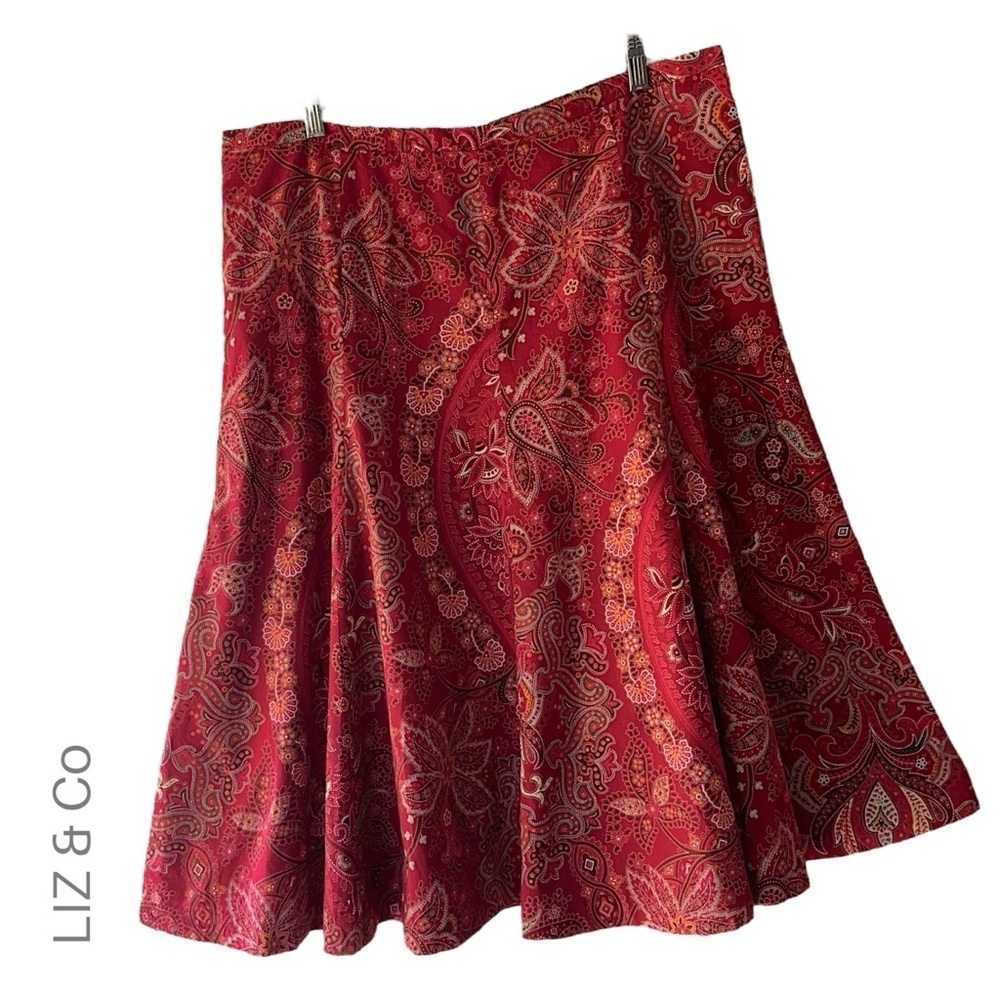 LIZ & CO | NWOT PAISLEY MIDI SKIRT PURE COTTON BOHO FLARED LINED RICH RED | 16